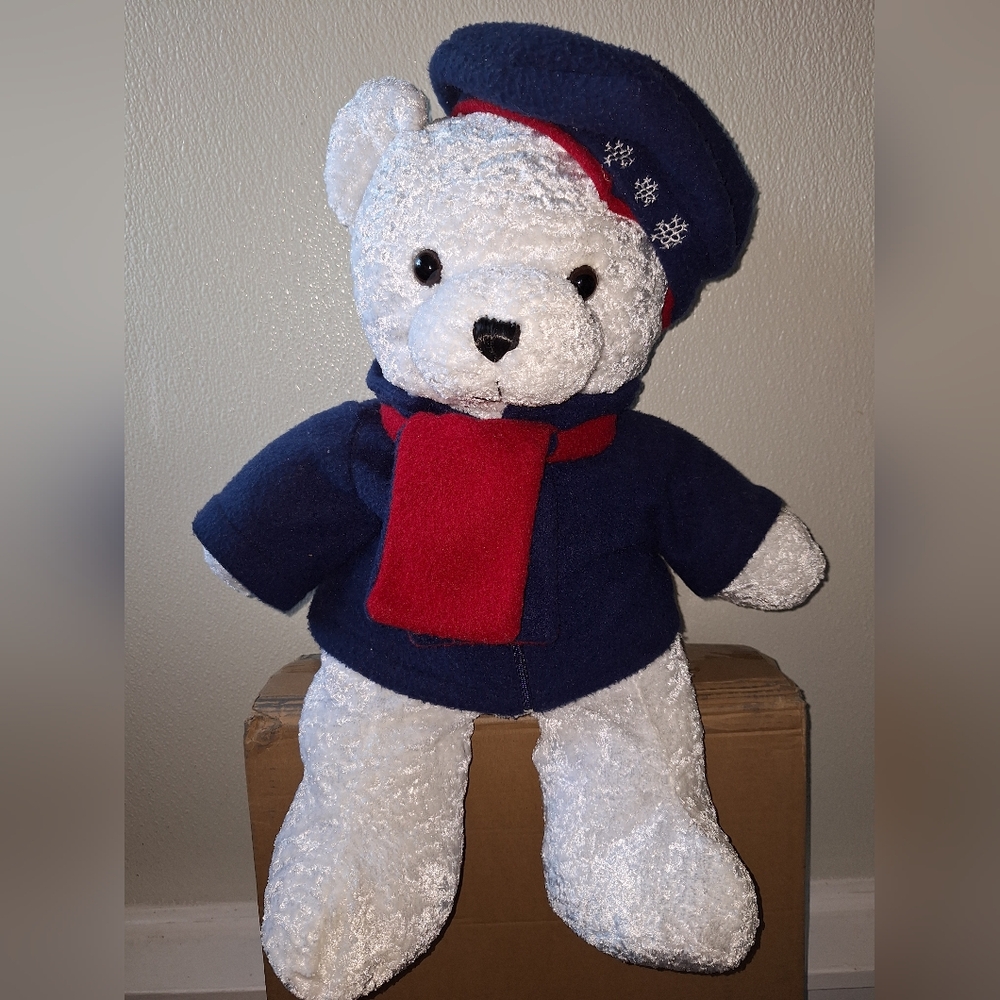 White and Blue Stuffed Vintage Polar Sailor Bear with Red Scarf
